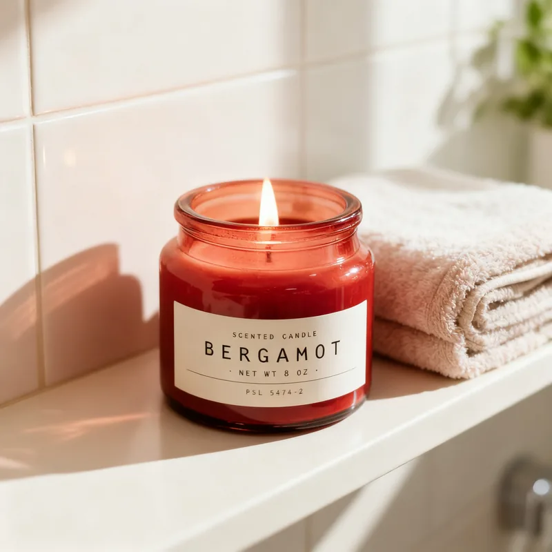 Generated image: a red glass candle jar labelled Bergamot, Bathroom shelf scene