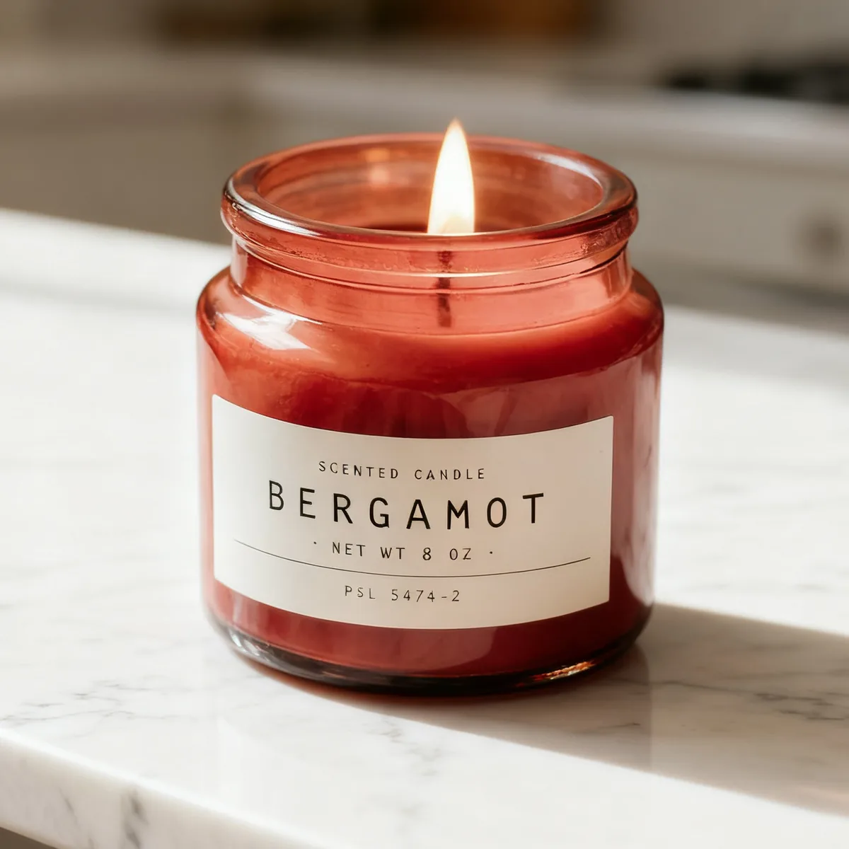 Generated image: the same Bergamot candle jar on a sunlit marble countertop