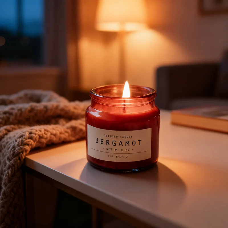 Generated image: a red glass candle jar labelled Bergamot, Warm home scene