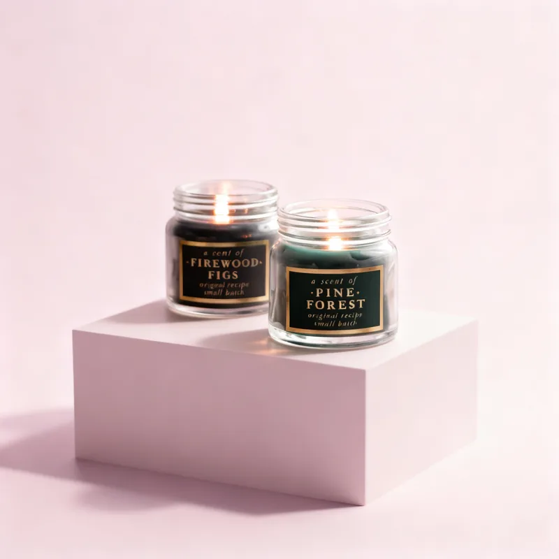 Generated image: two small clear jars labelled Firewood Figs and Pine Forest, Studio scene